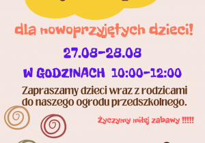 plakat informujący o zajęciach adaptacyjnych 27.08.oraz 28.08 godzina 10:00-12:00