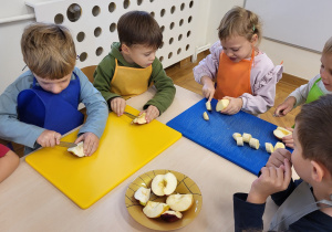 Kilkoro dzieci w kolorowych kuchennych fartuszkach kroi owoce na deskach kuchennych.
