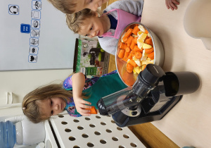 Dziewczynka wrzuca kawałki marchewki do sokowirówki.