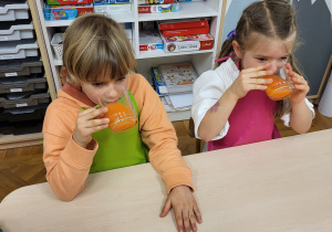 Dzieci piją wykonany własnoręcznie zdrowy sok.