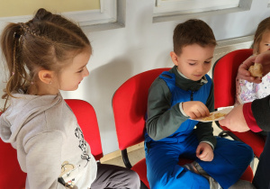 Dziewczynka i chłopiec smakują korzeń imbiru.