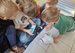 Chłopcy programują drogę robota na macie.