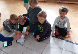 Dzieci z maluszków za pomocą głaskania zmieniają kolor robota.