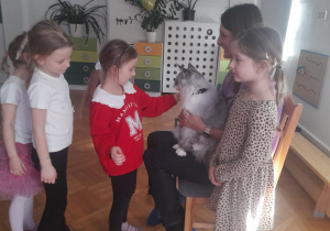 Dzieci uczestniczą w spotkaniu z kotem. Głaszczą go