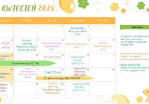 Kalendarz wydarzeń kwiecień: żywa lekcja przyrody-2, dzień wolny-6, outdoor learning-7, gryzonie z wizytą w przedszkolu-8, koncert muzyczny-9, teatrzyk-10, zajecia otwarte-13, dzień sztuki-15, logohulanki-16, zajęcia otwarte 20, dzień kreatywności-21, dzień ziemi-22, logohulnki-23, zebranie motylki-27, logohulanki motylki-30