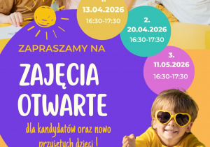Zaproszenie na zajęcia otwarte w kwietniu i maju do kandydatów i nowoprzyjętych dzieci. Tekst alternatywny `alt` zdjęcia: Zaproszenie na zajęcia otwarte w kwietniu i maju do kandydatów i nowoprzyjętych dzieci.