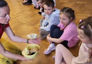 Dzieci oglądają 4 dniowe kurczaczki.