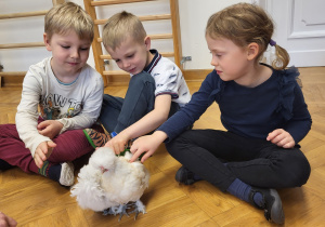 Dzieci oglądają i głaszczą kurczaczki.